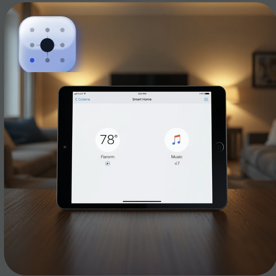 A tablet on a coffee table showing the Clariom smart home app with temperature and music controls